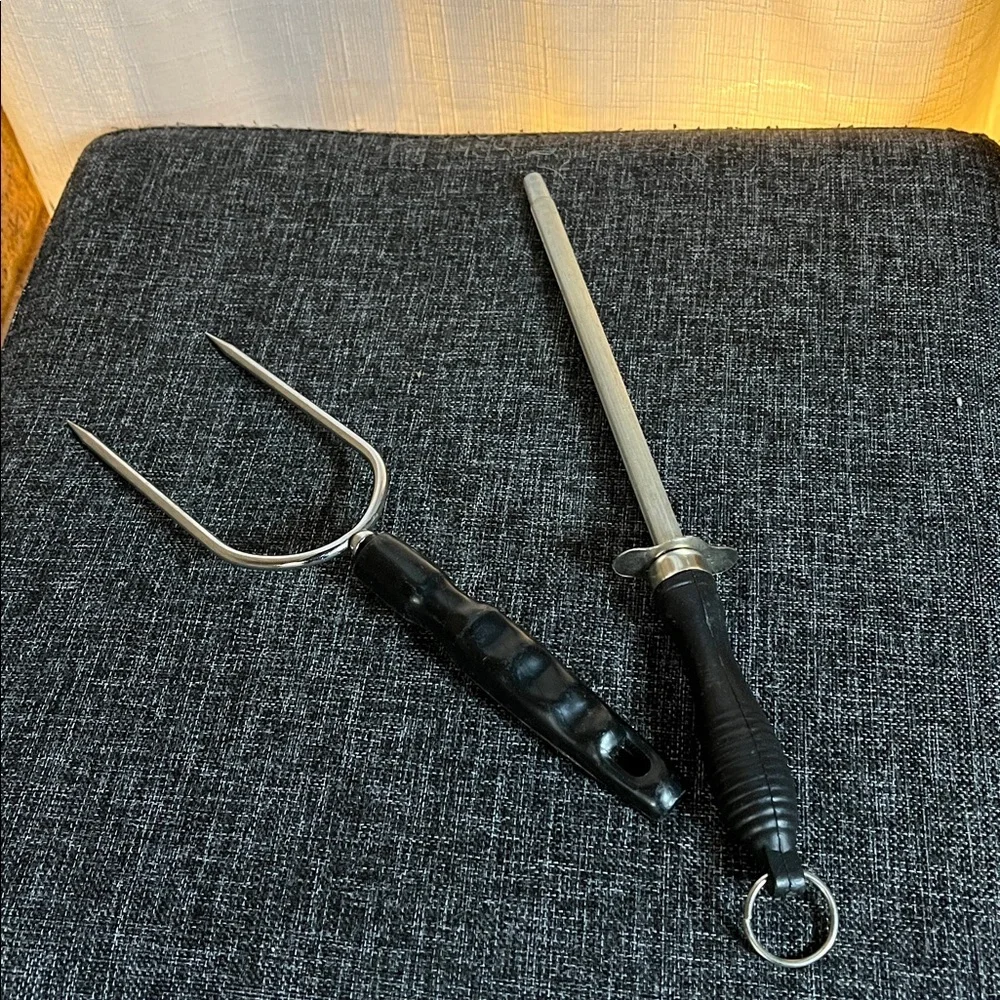 Honing Steel & Carving Fork Set Butcher Chef Kitchen Sharpening Rod Bundle